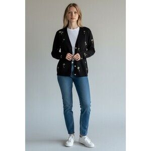 VTG ALEXANDRA BARTLETT Black Embroidered Palm Tree Cardigan Sweater L Coastal